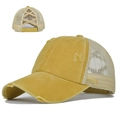 Detail of yellow washed mesh cap featuring criss-cross elastic bands for high ponytails - Yellow