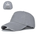 Detail view of washed grey cotton ponytail baseball cap with distressed edge and back openings - Adjustable / Gray