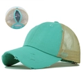 Zerstörte minzgrüne Pferdeschwanz-Baseballkappe mit beige Mesh und speziellem Haaransatz - Verstellbar / Seeblau