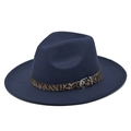 Classic dark blue fedora hat featuring leopard print band with silver buckle accessory - M(56-58cm) / Navy Blue