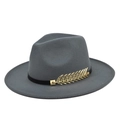 Cappello Fedora grigio a tesa larga con nastro nero e fibbia in metallo dorato - M(56-58cm) / Grigio scuro