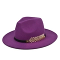 Klassieke paarse wollen fedora hoed met zwarte PU-band en gouden bladmetalen accessoire - M (56-58cm) / Paars