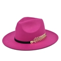 Cappello Fedora fucsia a tesa larga in feltro con cinturino in pelle e fibbia dorata - M(56-58cm) / Rosa Rosso Profondo