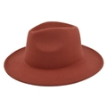 Close-up of a wide brim reddish-brown wool fedora hat with clean stitched edges - M (56-58cm) / Rust red