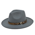 Classic dark grey wool felt Fedora hat with leopard print band and metal buckle detail - M(56-58cm) / Dark Gray