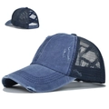Gorra de béisbol vaquera azul con abertura cruzada para coleta y diseño desgastado - Azul marino