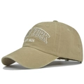 Macro detail of NEW YORK EST.1625 embroidery on washed cotton khaki baseball cap - Adjustable / Khaki