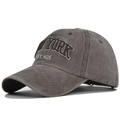 Close-up of the detailed New York EST.1625 embroidery on washed cotton baseball cap - Adjustable / Coffee