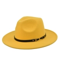 Elegant bright yellow wool felt fedora hat featuring a black leather band and gold buckle - M (56-58cm) / Yellow (BF107-12)