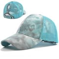 Tie-dye ponytail mesh baseball cap in blue and grey with breathable back opening - Adjustable / Blue Tie Dye