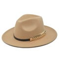 Kamelen fedora hoed met brede rand, zwarte leren band en gouden blad hanger - M (56-58cm) / Khaki