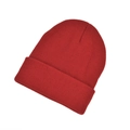 Detailed close-up of dark red knitted beanie featuring fine texture and cuffed design - Red