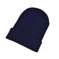 Detail shot of the tight knit texture and elastic ribbed cuff on this navy winter beanie - Navy Blue