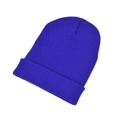 Close-up detail of a bright blue cuffed knit beanie with fine elastic texture and warm fabric - Dark Blue