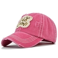 Close-up of pink washed cotton baseball cap featuring I do Crew embroidery and distressed edges - Adjustable / Rose Red (I do Crew)