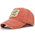 Macro detail of washed orange baseball cap with 'I do Crew' patch and frayed edges - Adjustable / Orange (I do Crew)