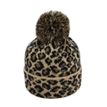 Detailed close-up of leopard print knit winter hat with large faux fur pompom and wide cuff - Yellow Leopard (KM807-2)