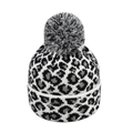 Close-up of winter knit hat with leopard pattern and fluffy tri-color pom-pom detail - White Leopard (KM807-3)