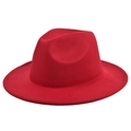 Detail view of the fine wool felt texture and wide brim of the vibrant red fedora hat - M (56-58cm) / Red