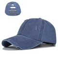 Gewaschene blaue Denim Pferdeschwanz-Cap mit Distressed-Details und mehrstufiger Rücköffnung - Verstellbar / Marineblau