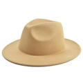 Classic khaki wool fedora hat with a wide flat brim and teardrop crown for women - M (56-58cm) / Khaki