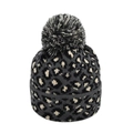 Winter leopard print knit beanie for women with a fluffy faux fur pompom decoration - Gray Leopard (KM807-1)