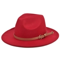 Detail of red wool fedora hat with brown leather band and gold buckle on white background - M (56-58cm) / Red