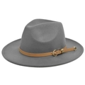 Detail view of grey wool fedora hat with light brown leather band and gold buckle - M (56-58cm) / Gray