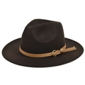 Detail of wide brim brown fedora hat featuring a leather band and gold heart buckle - M (56-58cm) / Coffee