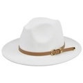 Detail of white wide-brim wool fedora with brown strap and golden heart buckle - M (56-58cm) / White