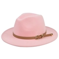 Detail of pink wool fedora featuring a brown leather band with golden heart buckle - M (56-58cm) / Pink
