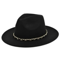 Chapeau fedora en laine noire avec chaîne dorée de style jazz britannique classique - Noir