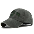 Detailed embroidery of Route 66 logo on washed vintage grey cotton baseball cap - Adjustable / Army Green