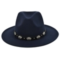 Close-up of navy blue wool fedora with vintage silver conchos on a black leather band - M (56-58cm) / Navy Blue
