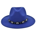 Close-up of royal blue wool fedora hat with ethnic silver oval metal studs decoration - M (56-58cm) / Blue