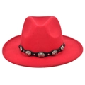 Detail of red fedora hat featuring black leather band with silver engraved metal studs - M (56-58cm) / Red
