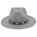 Vintage grey felt wide brim fedora hat with bohemian style leather and silver concho band - M (56-58cm) / Gray