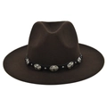 Detailed close-up of dark brown wool Fedora hat with ethnic leather band and silver studs - M (56-58cm) / Coffee