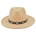 Detail of wide brim wool fedora hat featuring western concho band and khaki texture - M (56-58cm) / Khaki