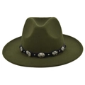 Macro shot of olive green wool fedora hat featuring black leather band and silver studs - M (56-58cm) / Army Green