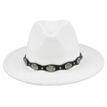 Detail of white wool fedora hat featuring a black ethnic band with silver metal accents - M (56-58cm) / White