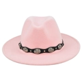 Close-up of pink wool fedora hat with black band and silver embossed metal discs - M (56-58cm) / Pink