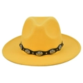 Close-up of ethnic silver buckles on black leather band of yellow wool fedora hat - M (56-58cm) / Yellow