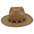 Detail of camel wool fedora hat featuring a black leather band with silver floral studs - M (56-58cm) / Dark Khaki