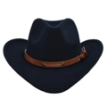 Detailed view of the dark blue cowboy hat with brown leather band and metal rivets - M / Navy Blue