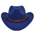 Detail of dark blue felt cowboy hat with brown faux leather strap and metal rivets - M / Blue