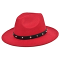 Detail of red wool fedora hat with black leather band featuring silver punk metal studs - M (56-58cm) / Red