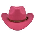 Detail of rose red cowboy hat with brown leather band and metal buckle ornament - M / Rose Red