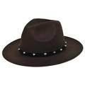 Macro detail of dark brown wool felt fedora with silver metal rivets on black leather band - M (56-58cm) / Coffee