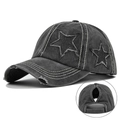 Grijze distressed denim paardenstaart honkbalpet met sterrenpatches en stiksels - Verstelbaar / Gewassen Zwart